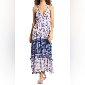 Area Stars vacation halter tassel maxi dress size M in blue and pink print